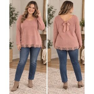 LC Lauren Conrad Women's XL Pink Bow Back Lace Hem Sweater Romantic Coquette